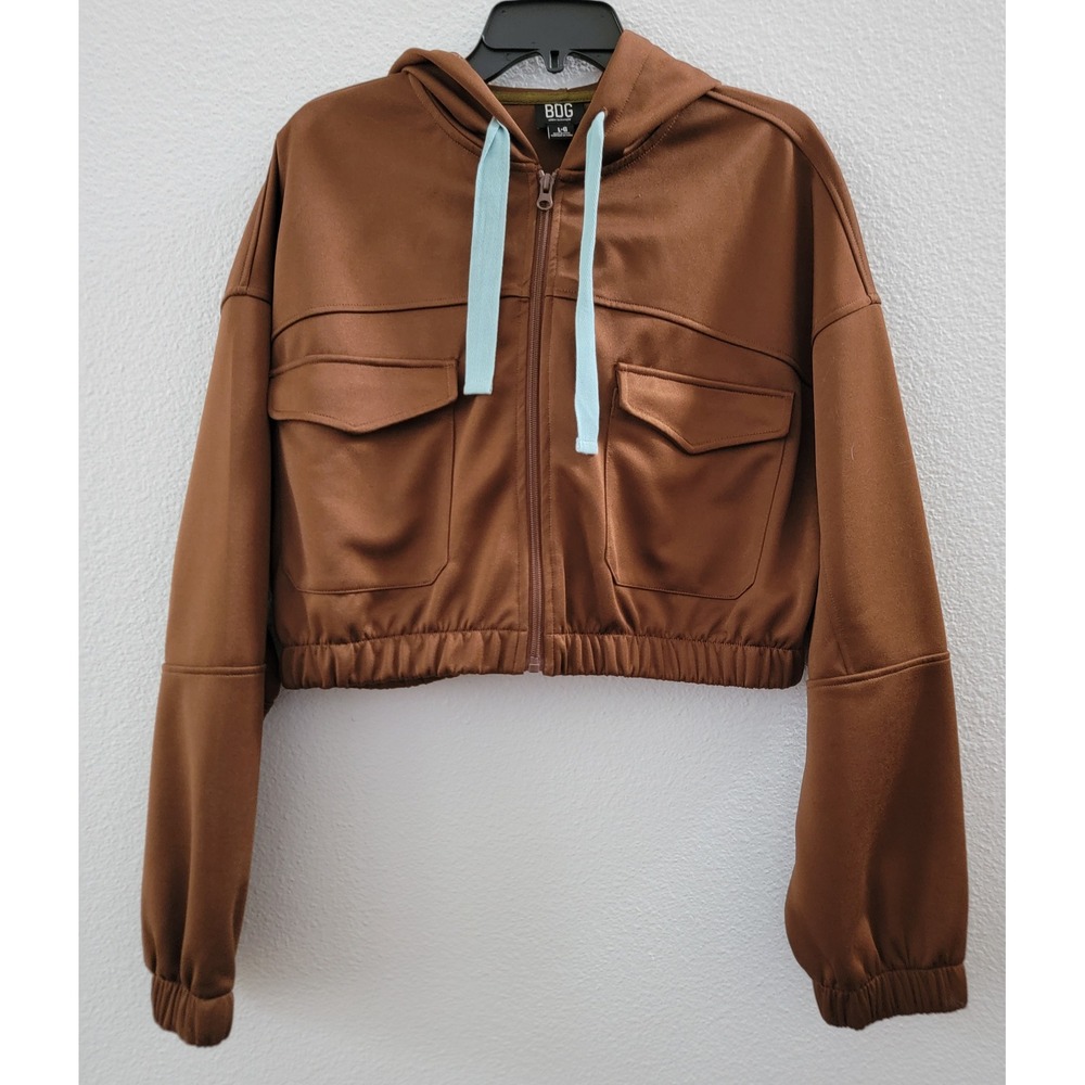 BDG Urban Outfitters Brown Cropped Zip Up Hoodie Utility Jacket Lrg Y2k Gorpcore